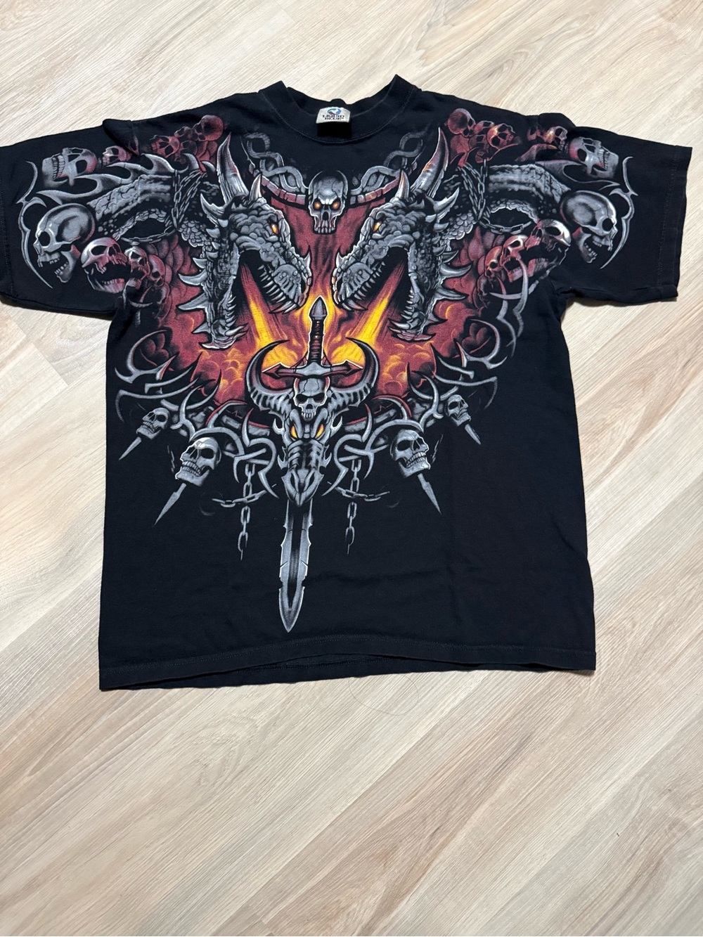 Liquid Blue Black Tee with Red and Orange Flame Dragon Sword Graphic